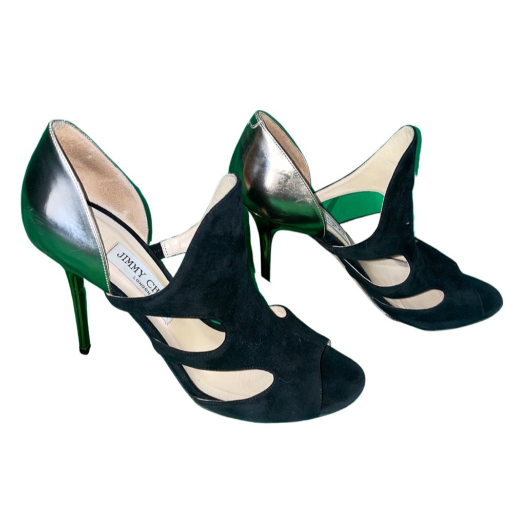 Jimmy Choo heels, rose gold/black suede